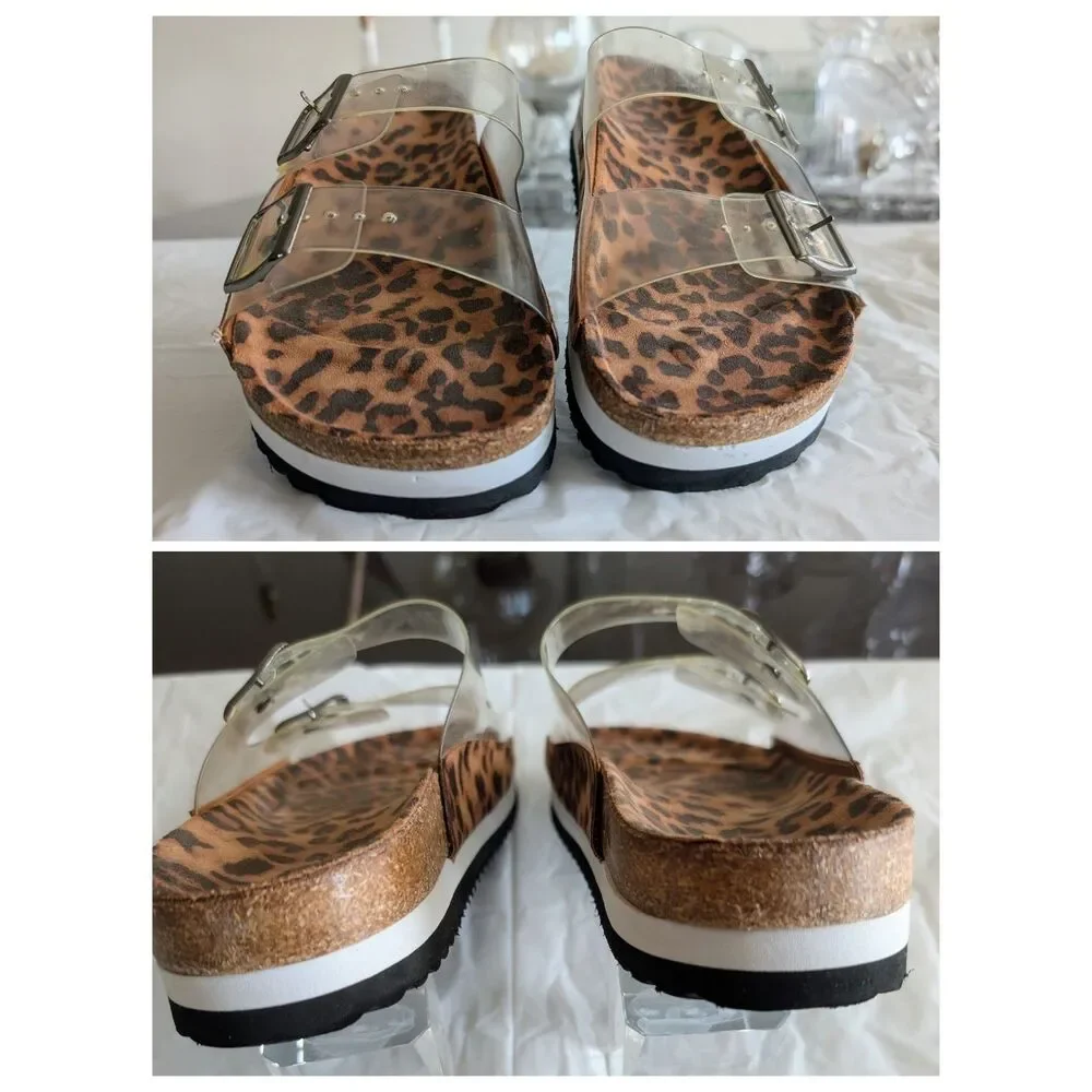 BOUTIQUE by Corkys Leopard Platform Sandals Clear Double Buckle Cork Slides